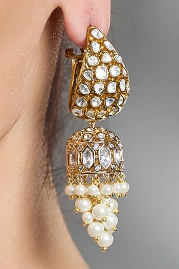 Yellow Gold Finish Pearl Jhumka Hoop Earrings