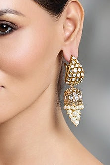 Yellow Gold Finish Pearl Jhumka Hoop Earrings