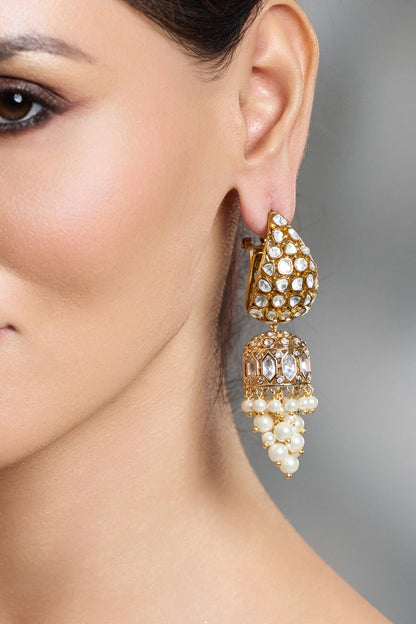 Yellow Gold Finish Pearl Jhumka Hoop Earrings