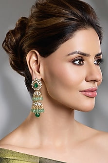 Yellow Gold Finish Emerald Green Stone Floral Long Earrings