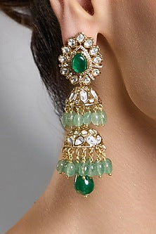 Yellow Gold Finish Emerald Green Stone Floral Long Earrings