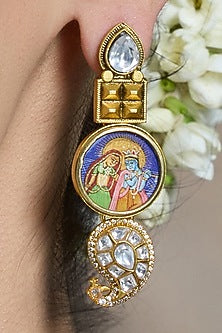 Antique Gold Finish Kundan Polki Handcrafted Earrings