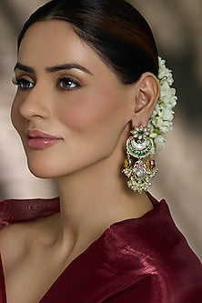 Yellow Gold Finish Pearl & Multi-Coloured Stone Chandbali Earrings