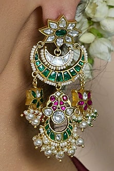Yellow Gold Finish Pearl & Multi-Coloured Stone Chandbali Earrings