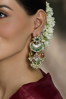 Yellow Gold Finish Pearl & Multi-Coloured Stone Chandbali Earrings