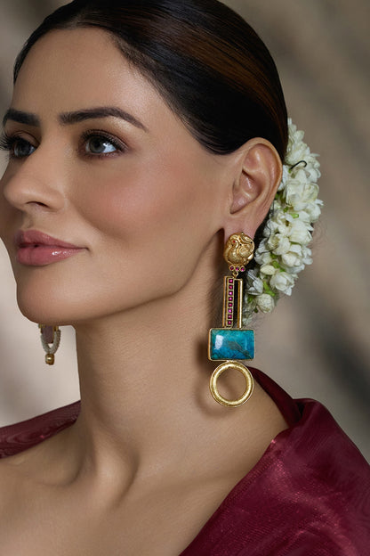 Yellow Gold Finish Astra Grid Drop Earrings