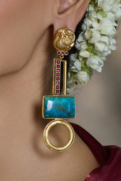 Yellow Gold Finish Astra Grid Drop Earrings