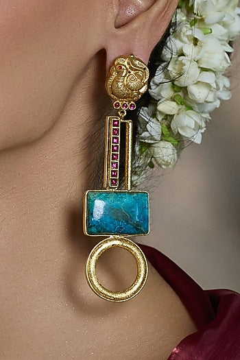 Yellow Gold Finish Astra Grid Drop Earrings