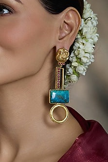 Yellow Gold Finish Astra Grid Drop Earrings