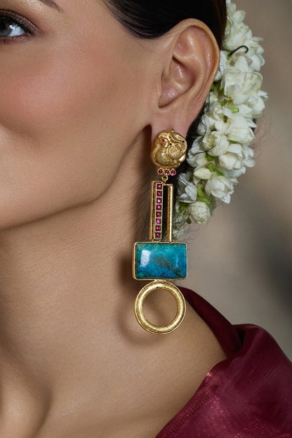 Yellow Gold Finish Astra Grid Drop Earrings