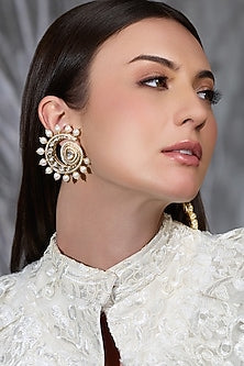Yellow Gold Finish Kundan Polki & Pearl Stud Earring
