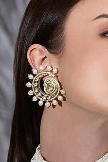 Yellow Gold Finish Kundan Polki & Pearl Stud Earring