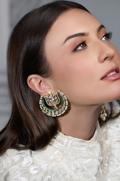 Yellow Gold Finish Kundan Polki & Mint Stone Crescent Earring