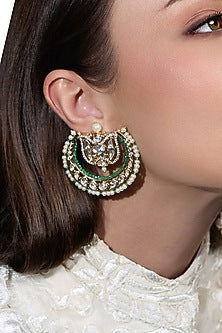 Yellow Gold Finish Kundan Polki & Mint Stone Crescent Earring