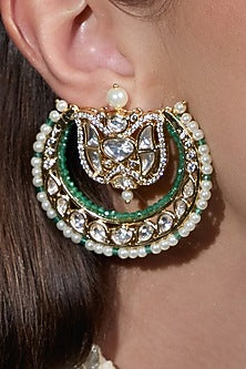 Yellow Gold Finish Kundan Polki & Mint Stone Crescent Earring