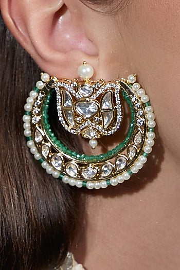 Yellow Gold Finish Kundan Polki & Mint Stone Crescent Earring