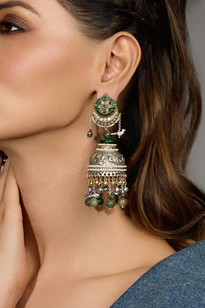 Oxidised Silver Finish Green Jhumka Earring