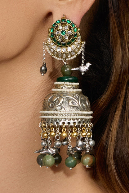 Oxidised Silver Finish Green Jhumka Earring