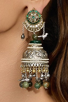 Oxidised Silver Finish Green Jhumka Earring
