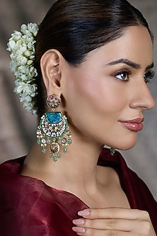 Gold Finish Kundan Polki & Multi-Colored Stone Chandbali Earrings