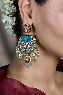 Gold Finish Kundan Polki & Multi-Colored Stone Chandbali Earrings
