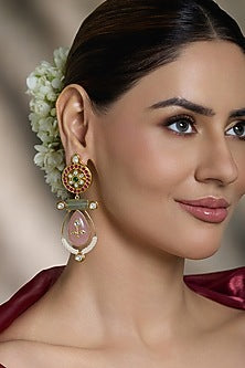 Gold Finish Pink & Green Kundan Polki Drop Earrings