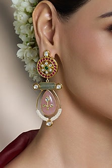 Gold Finish Pink & Green Kundan Polki Drop Earrings