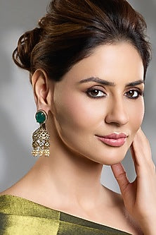 Gold Finish Kundan Polki & Emerald Green Stone Jhumka Earrings