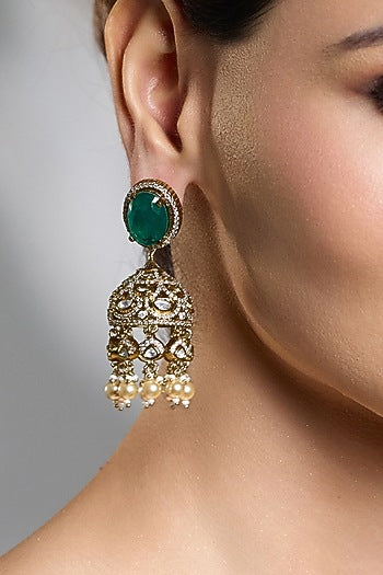 Gold Finish Kundan Polki & Emerald Green Stone Jhumka Earrings
