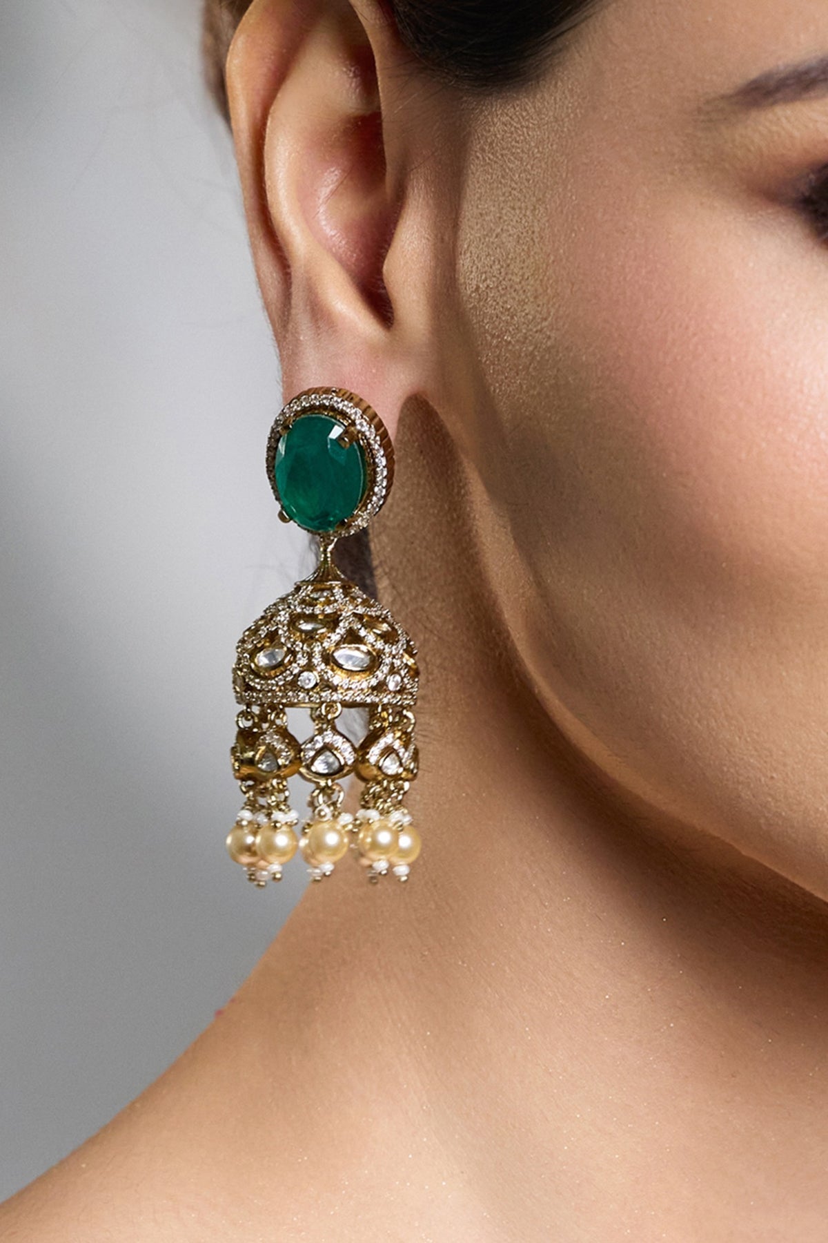 Gold Finish Kundan Polki & Emerald Green Stone Jhumka Earrings