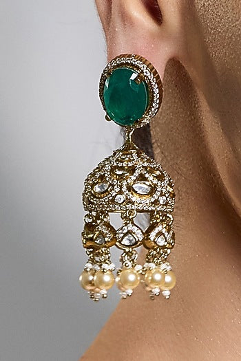 Gold Finish Kundan Polki & Emerald Green Stone Jhumka Earrings