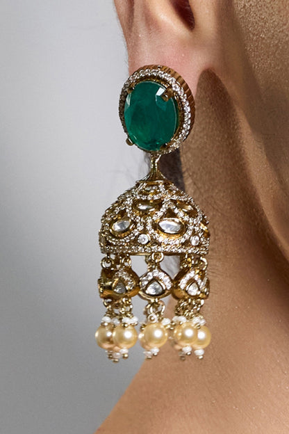 Gold Finish Kundan Polki & Emerald Green Stone Jhumka Earrings