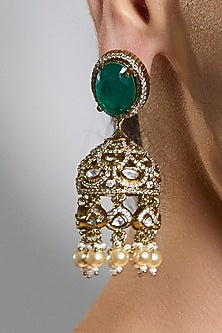 Gold Finish Kundan Polki & Emerald Green Stone Jhumka Earrings