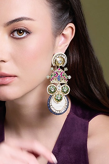 Yellow Gold Finish Enameled Dangler Earrings