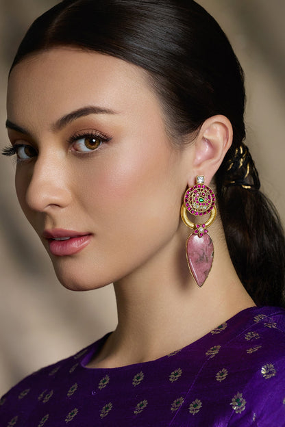 Yellow Gold Finish Pink Stone Drop Earrings