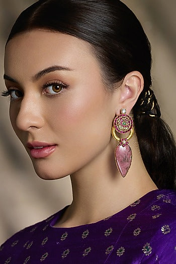 Yellow Gold Finish Pink Stone Drop Earrings