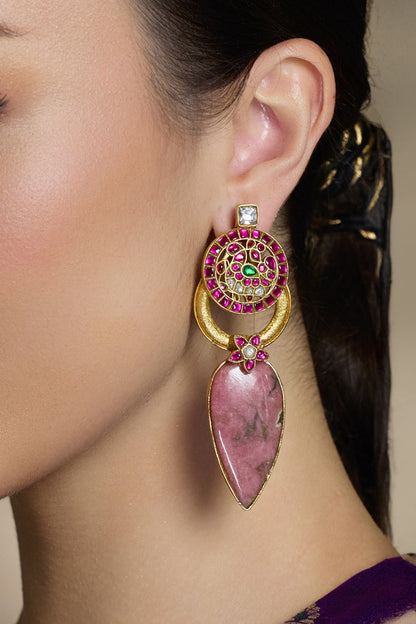 Yellow Gold Finish Pink Stone Drop Earrings