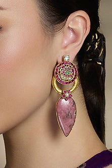 Yellow Gold Finish Pink Stone Drop Earrings