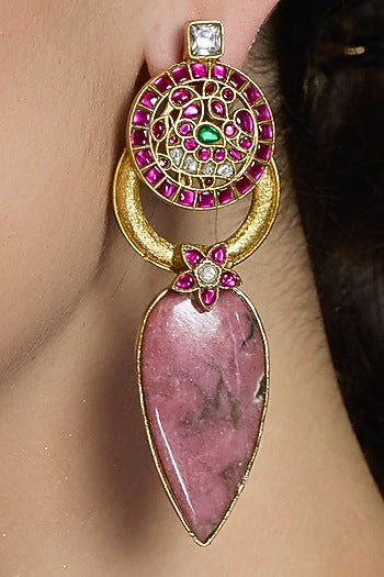 Yellow Gold Finish Pink Stone Drop Earrings