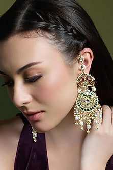 Yellow Gold Finish Kundan Polki & Green Enameled Chandbali Earrings