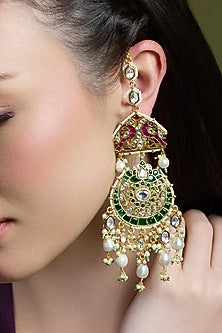 Yellow Gold Finish Kundan Polki & Green Enameled Chandbali Earrings