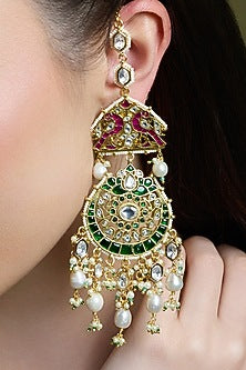 Yellow Gold Finish Kundan Polki & Green Enameled Chandbali Earrings