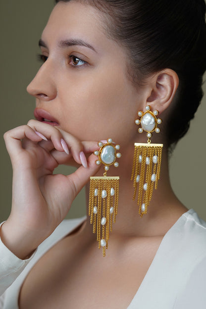 Yellow Gold Finish White Stone Drape Dangler Earrings