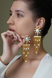Yellow Gold Finish White Stone Drape Dangler Earrings