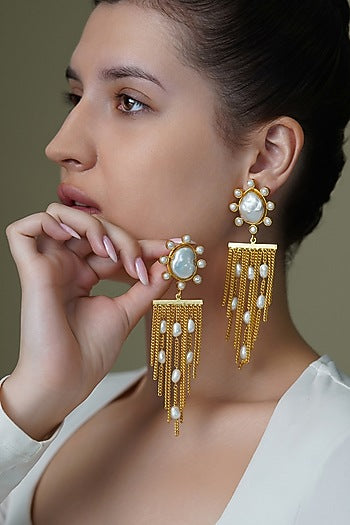 Yellow Gold Finish White Stone Drape Dangler Earrings