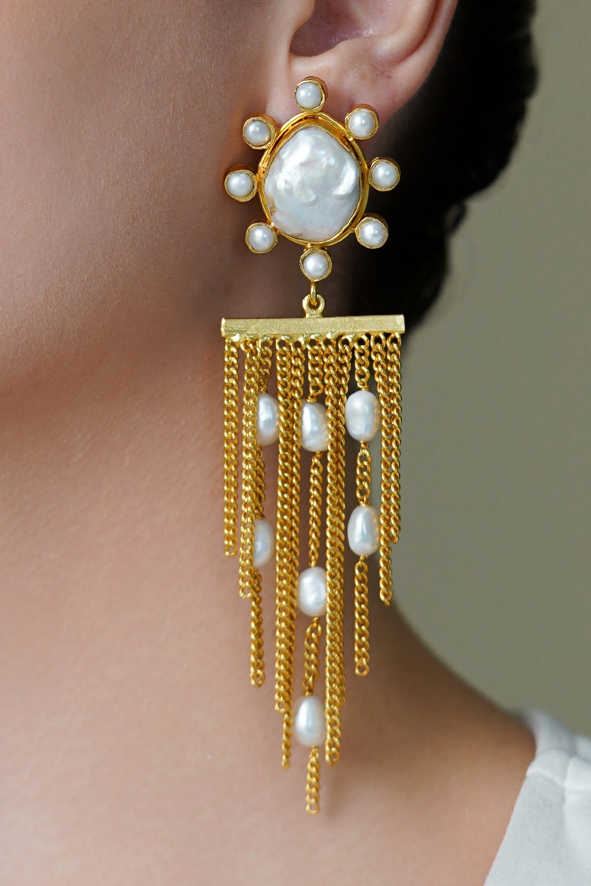 Yellow Gold Finish White Stone Drape Dangler Earrings