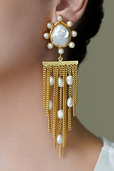 Yellow Gold Finish White Stone Drape Dangler Earrings