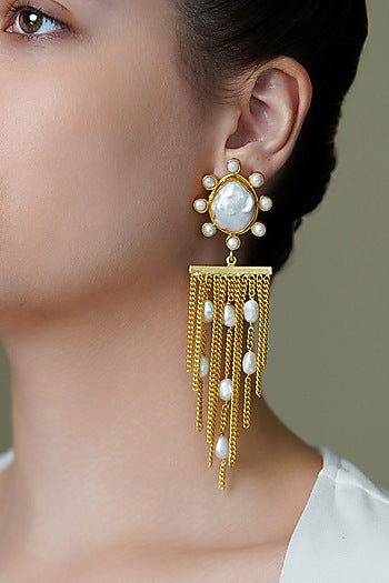Yellow Gold Finish White Stone Drape Dangler Earrings