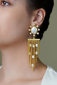 Yellow Gold Finish White Stone Drape Dangler Earrings