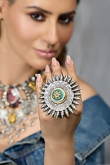 Antique Silver Finish Green Enameled Ring